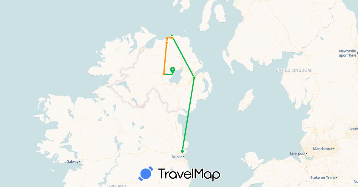 TravelMap itinerary: driving, bus, hitchhiking in United Kingdom, Ireland (Europe)